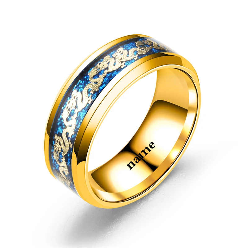 Punk Cool Gold Dragon Stainless Steel Rings for Men Women Wedding Band Custom Engrave Name Charm Gift