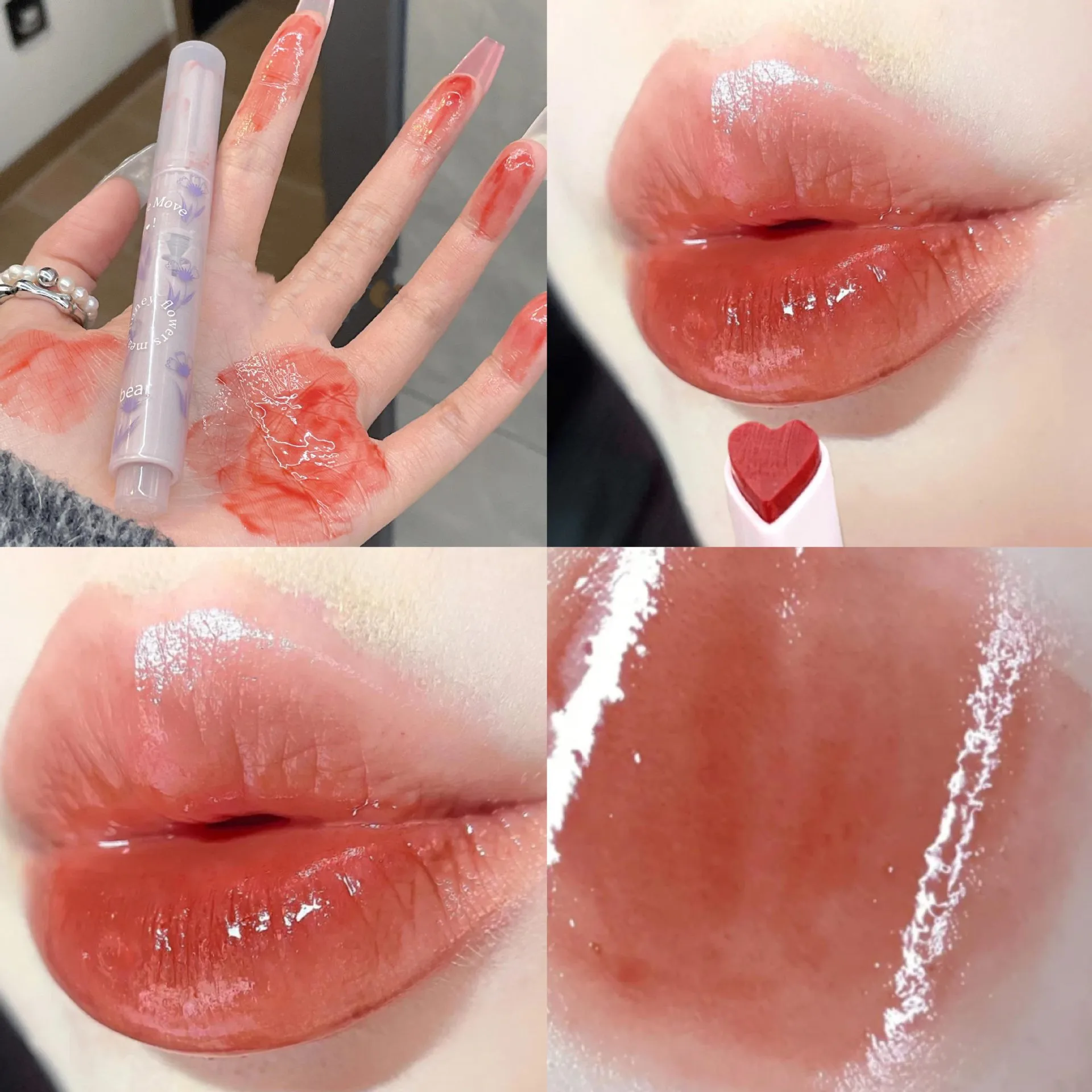 Love Heart Shape Lip Glaze Flower Jelly Mirror Lip Gloss Moist Modification Lip Stripe Lipstick Stick Non-stick Cup Makeup