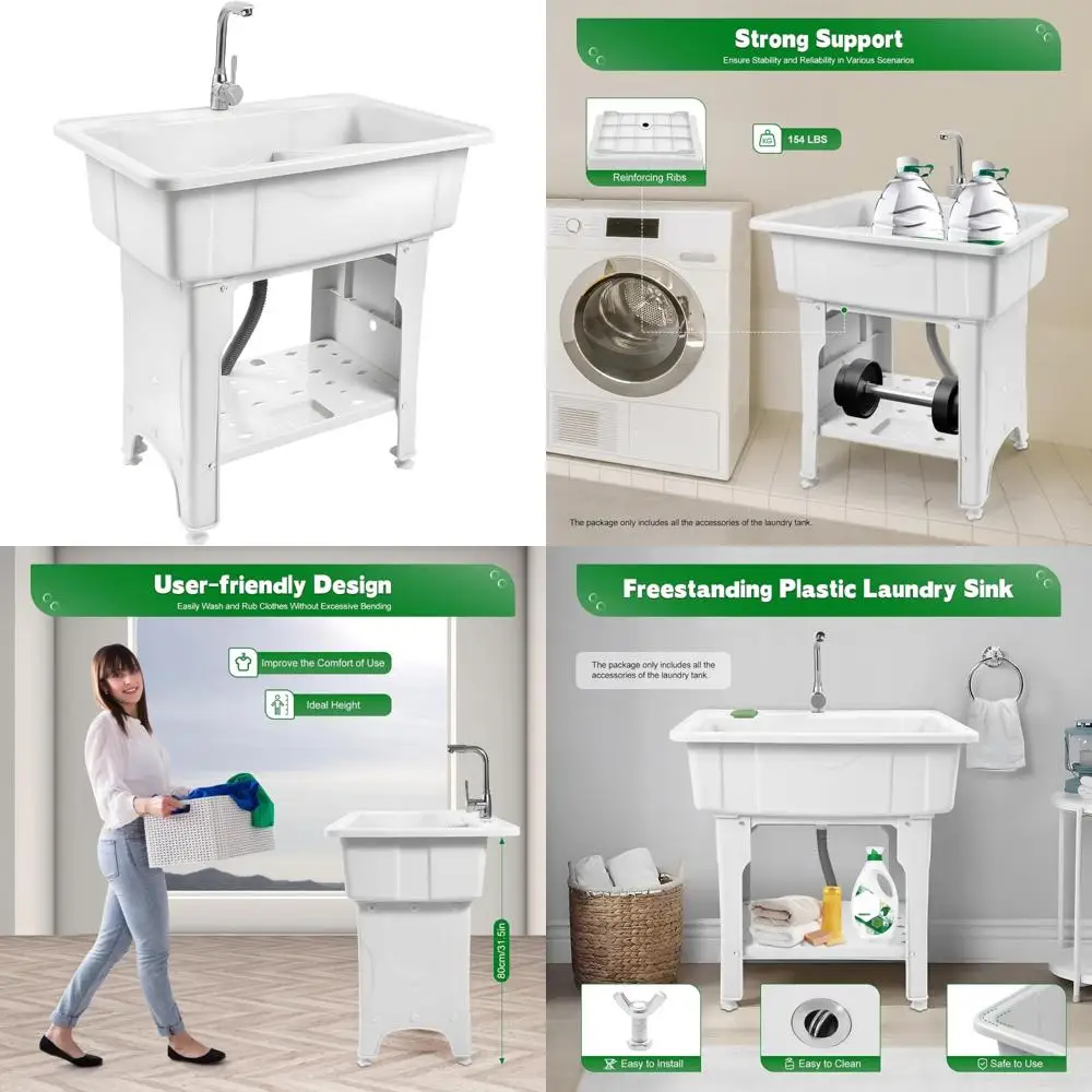 

Heavy-Duty Freestanding Laundry Tub with Hot/Cold Faucet, Valves, and Drain Pipe for Washing Machines and More