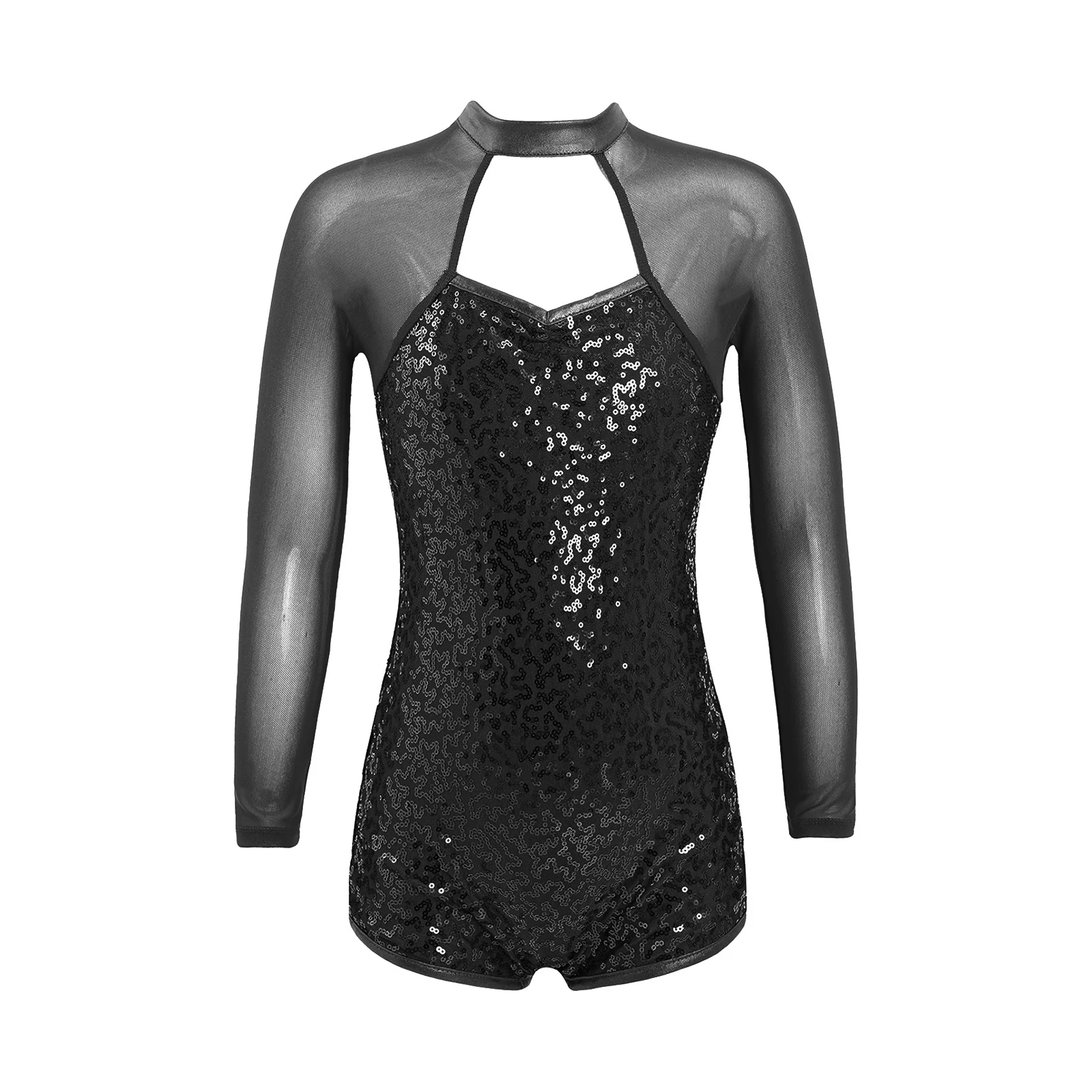 Kid Sparkly Sequins Ballet Leotards for Girl Mesh Long Sleeve Cutouts Back Professional Gymnastics Leotards Ballet Dance Costume