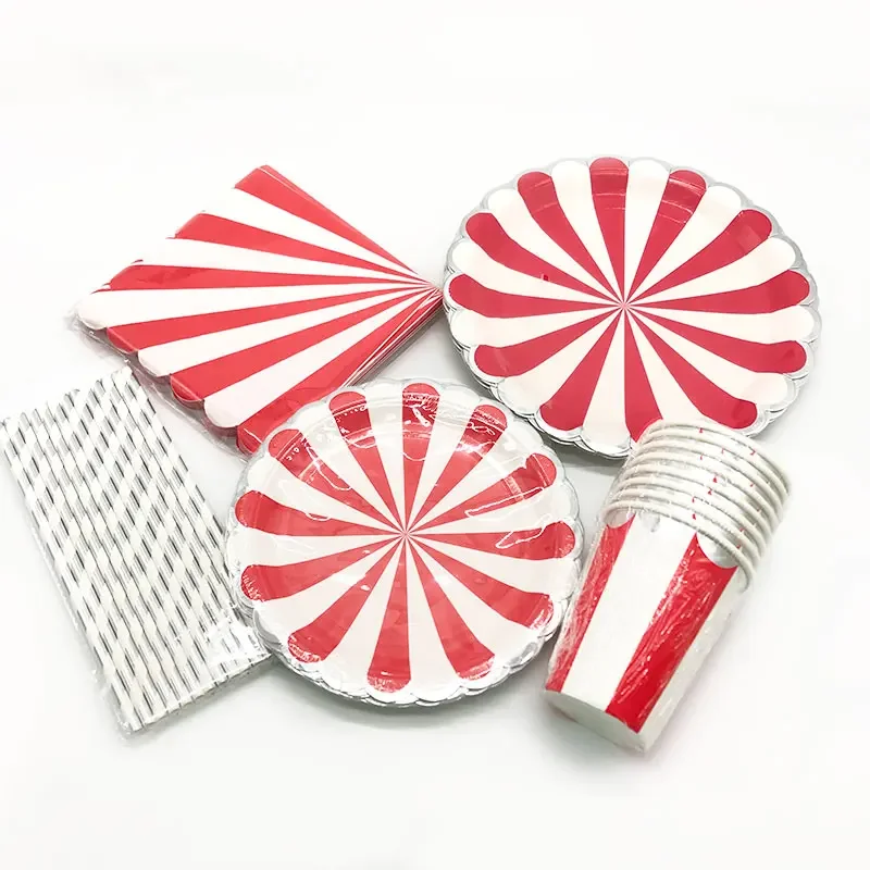 Circus Paper Disposable Tableware, Red Striped Plates, Cups, Wedding, Birthday Party Supplies, Bronzing, Christmas Decorations