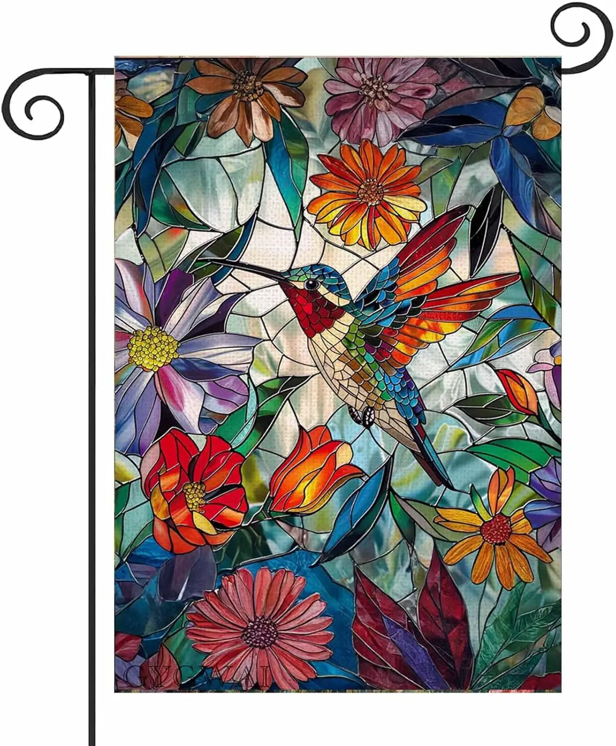 Stained Glass Spring Hummingbird Garden Flag 12x18 Inch Double Sided for Outside, Colorful Small Large Burlap Yard Flag for  GGO