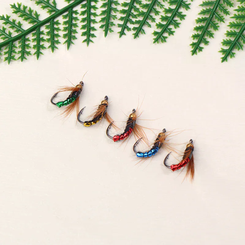 5/10 قطعة يطير الصيد إغراء عدة الاصطناعي الحشرات الصيد الطعم سريع غرق النحاس حبة رئيس سكود يطير دودة سمك السلمون المرقط الصيد إغراء #2