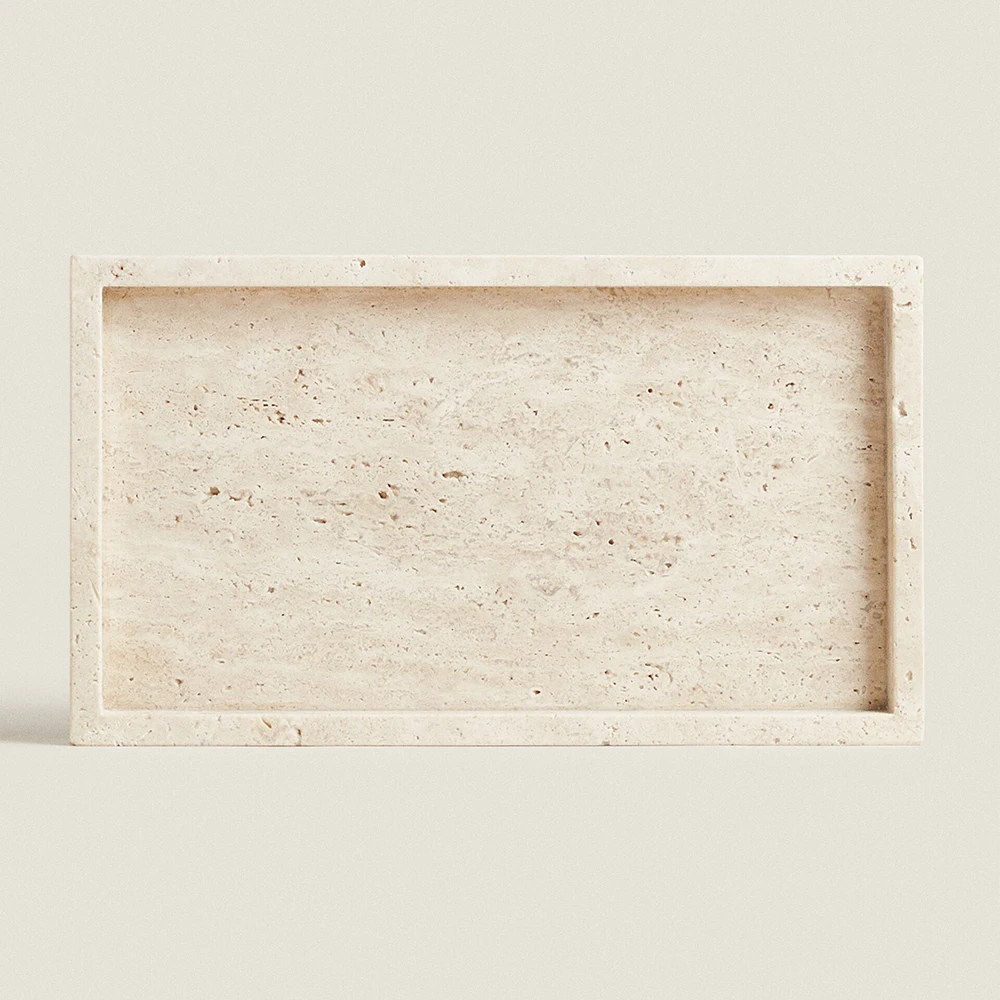Travertine Stone Bathroom Vanity Tray for Cosmetic Perfume Natural Marble Kitchen Sink Tray for Soap Dispenser Sponge Holder