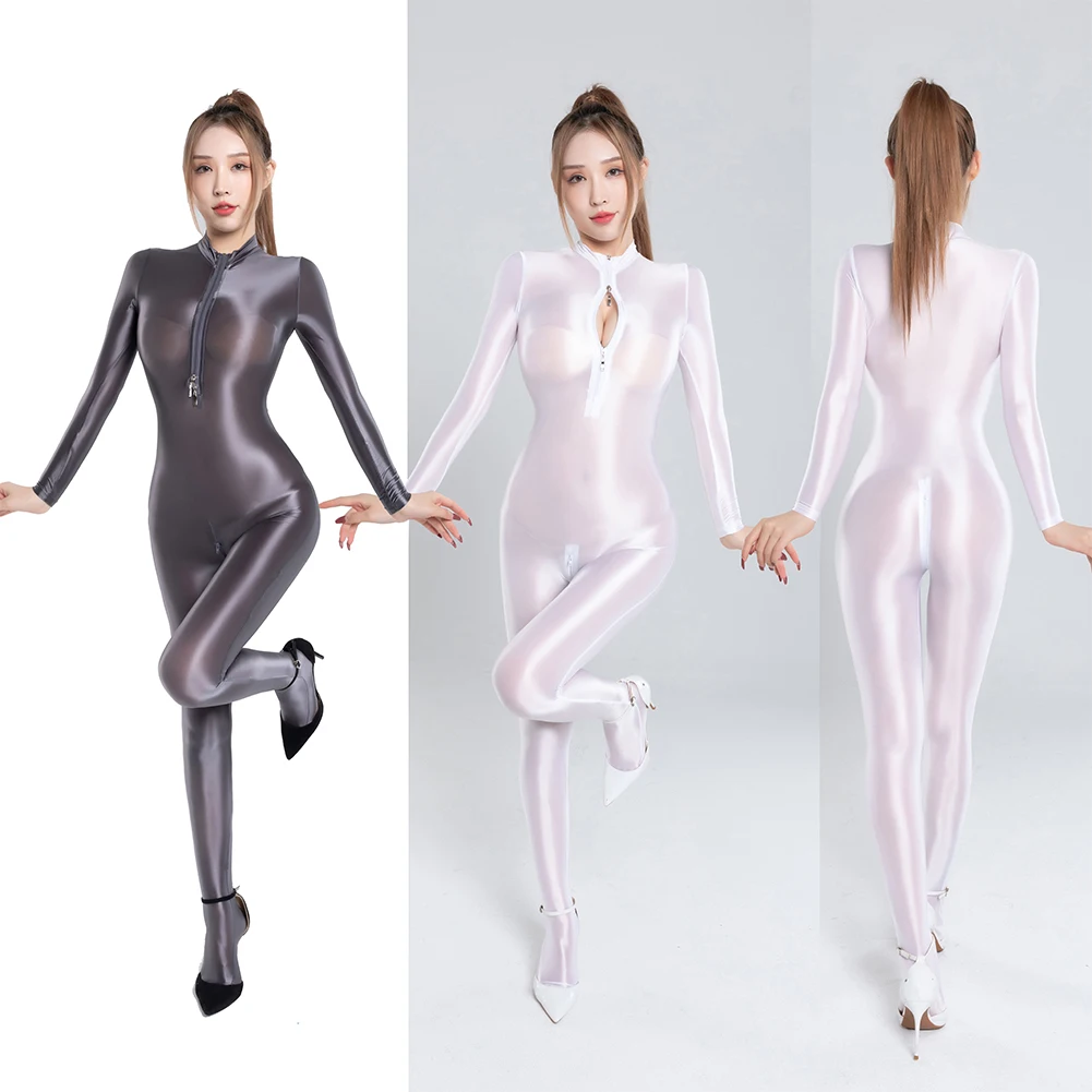 Tuta trasparente da donna Oil Shiny Glossy Satin Wet Look 2-Way Zip-Up ultrasottile con apertura sul cavallo indumenti da notte collant Bodystocking