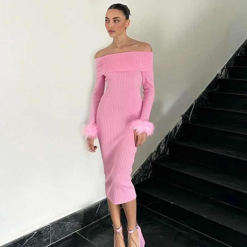 

Off Shoulder Long Sleeve Midi Dress Pink Slash Neck Long Evening Party Dress Women Winter Ribbed Bodycon Dress With Feather