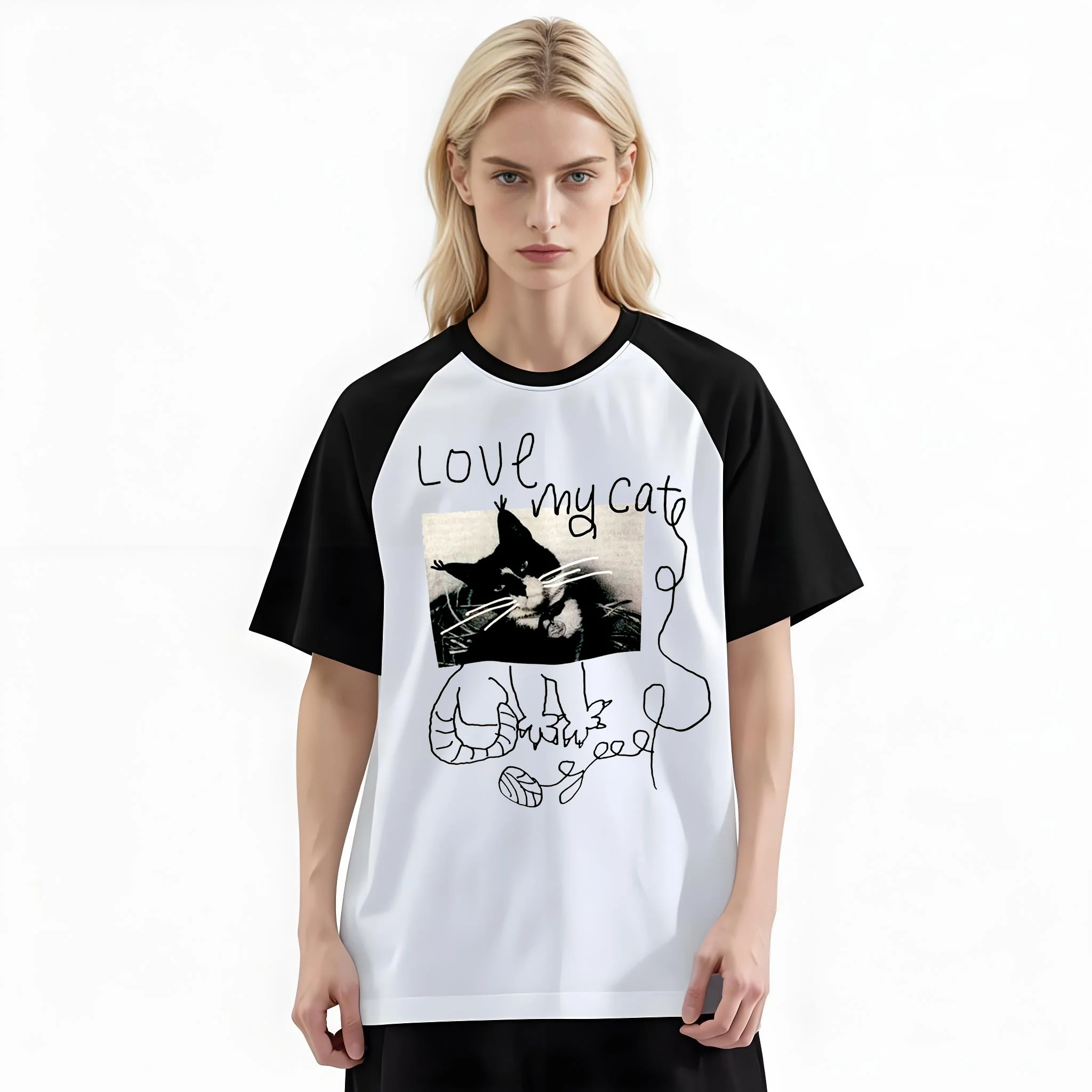 Women'S Fashion Raglan Sleeve T-Shirt, Love My Cat Vintage Scribble Photo Printed, Summer Casual Comfortable Tee, Women'S Everyday Short-Sleeve Top