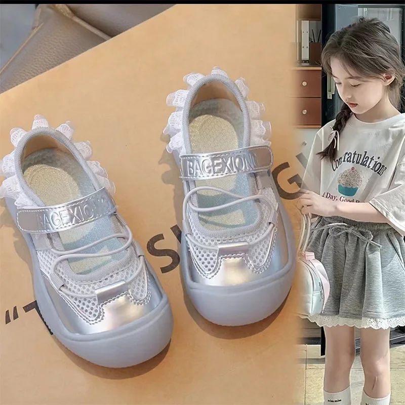 2026 Lightweight Non-Slip Back To School Children Running Sandals Summer Kids Sport Sneakers for Girl Pearl Lace Mary Jane Flats