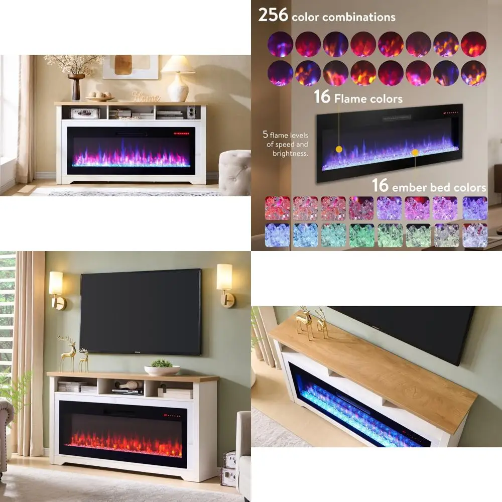 Soporte para TV con chimenea eléctrica inteligente, 60W, 50 pantallas compatibles, diseño de madera para televisores de hasta 75, colores de llama 3D, portátil y gratuito