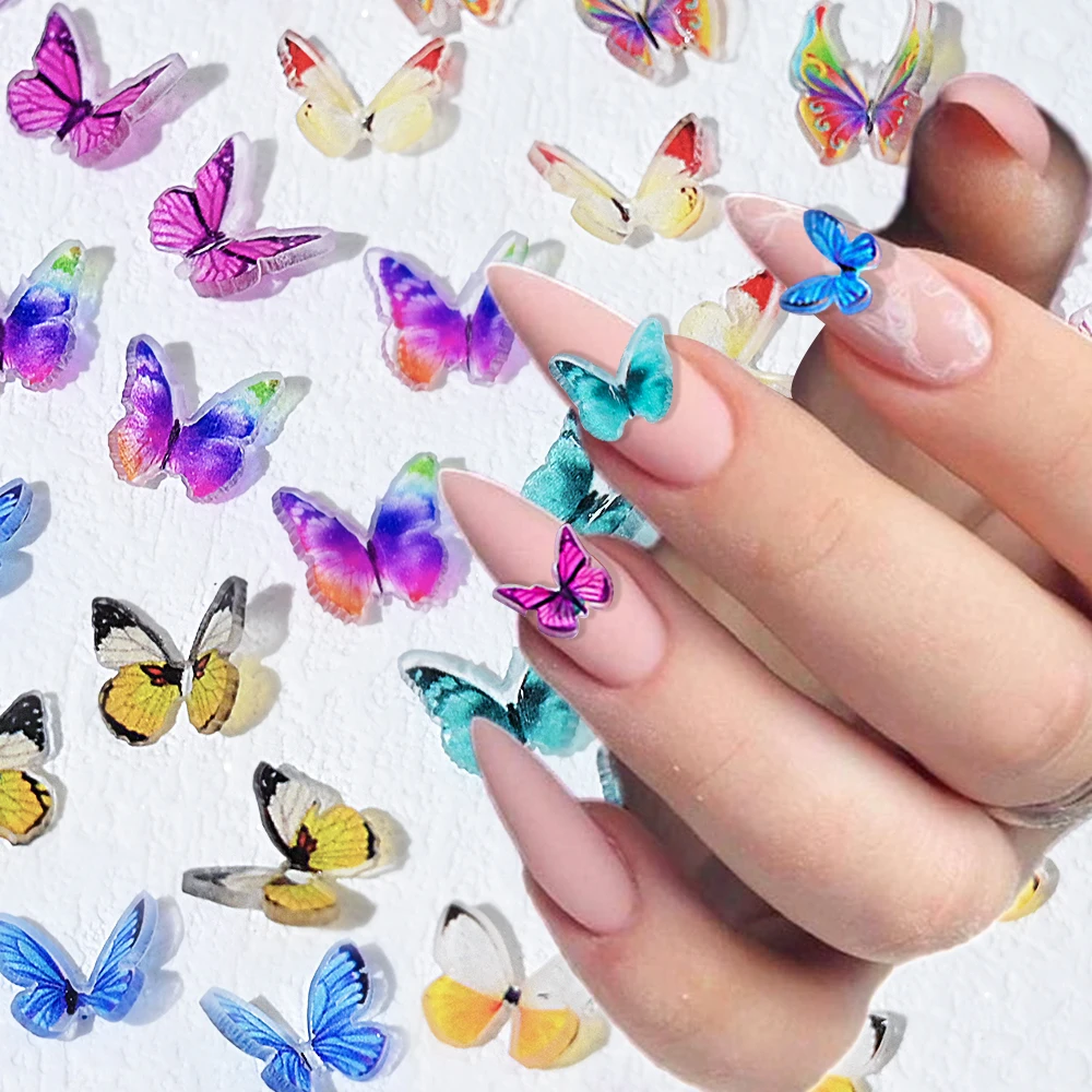 20Pcs Nail Art Resin Butterfly Charms 9x8.5mm Multi-Colors 3D Decals Rhinestones Colorful Butterfly Nail Charms 3D DIY Stones