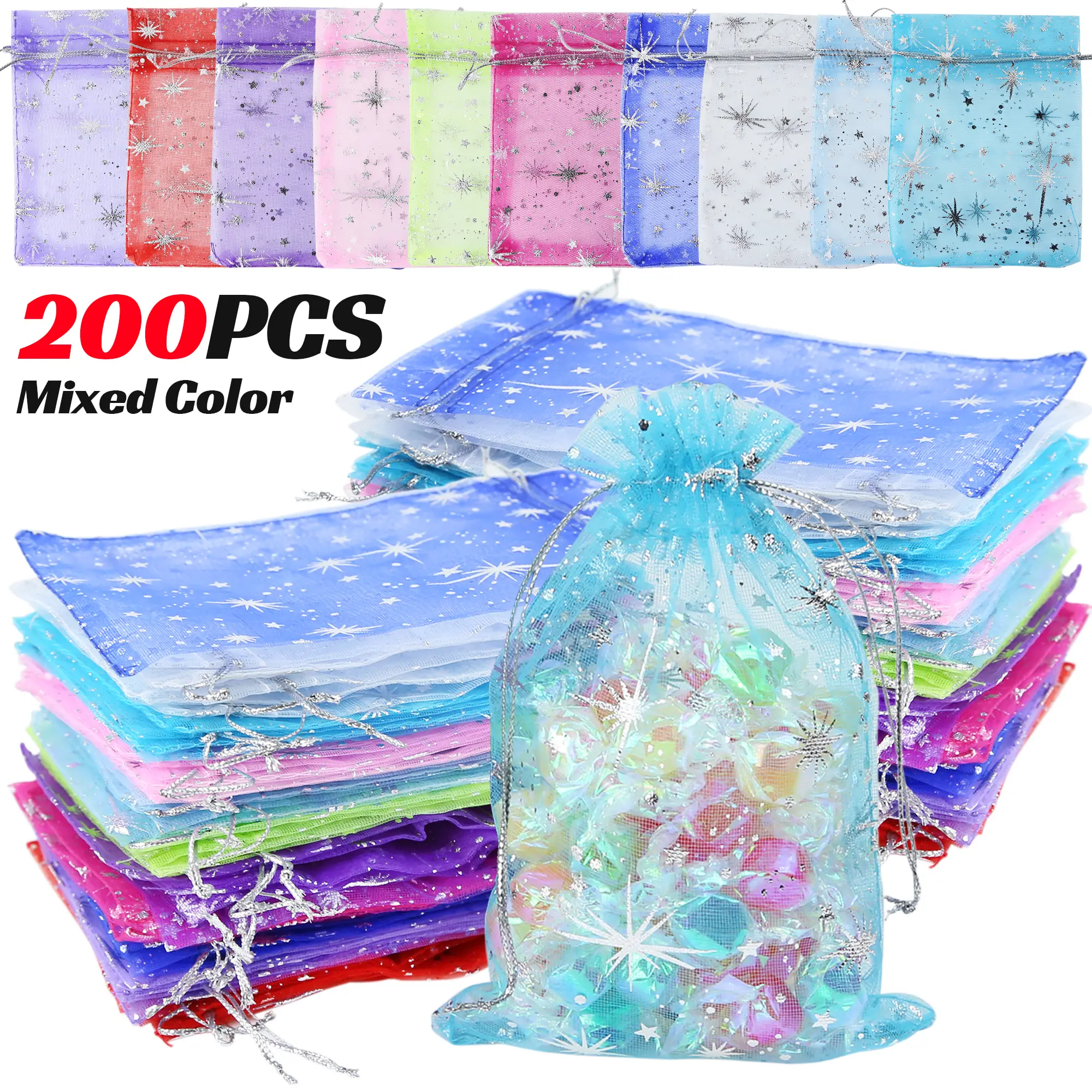 200PCS Stars Multicolor Drawstring Organza Bags Jewelry Gift Bags Pouches Silver Star Organza for Christmas Wedding