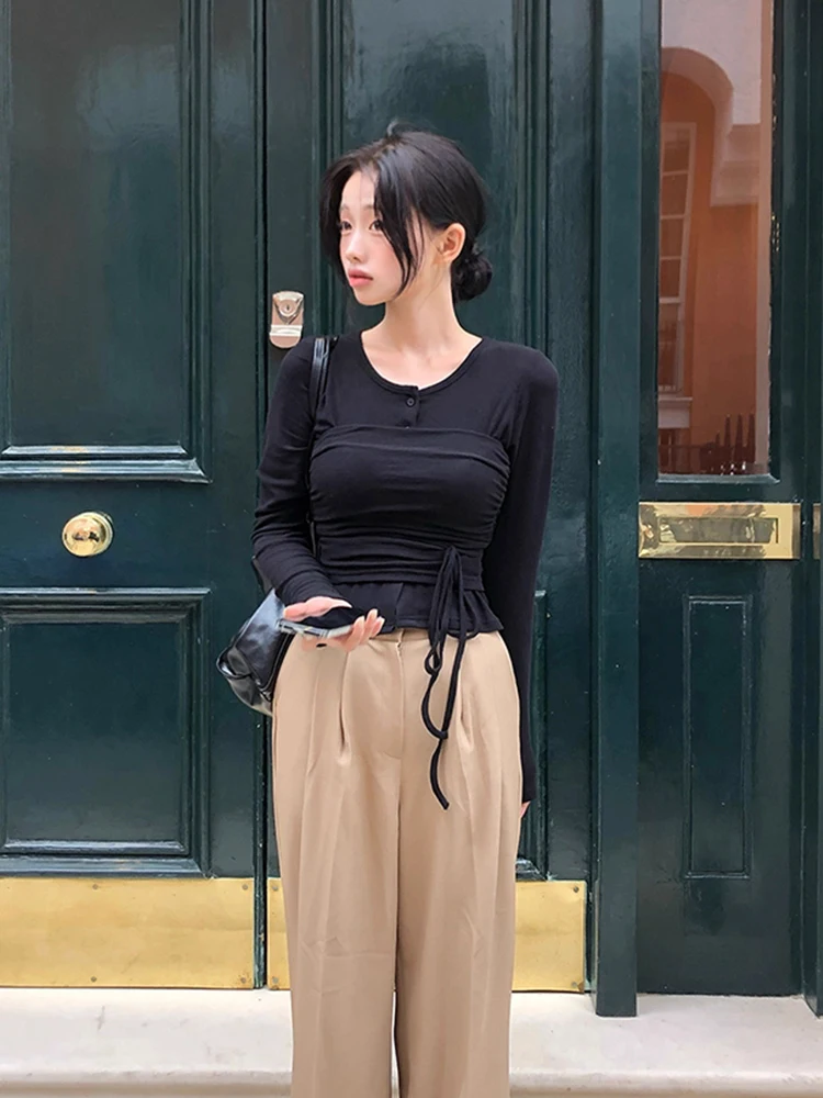 Suéter de Malha F Novo e Confortável para o Outono, Top Cropped com Cordão, Estilo Coreano, Conjunto de Moda
