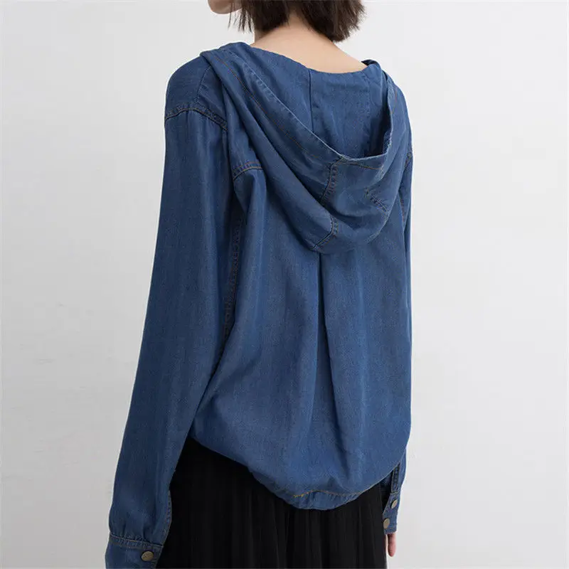 Oversized Blouses Hooded Bandage Pockets Patchwork Solid Color Shirts Casual Loose Fashion Vintage Denim Tops Women Clothes 2023