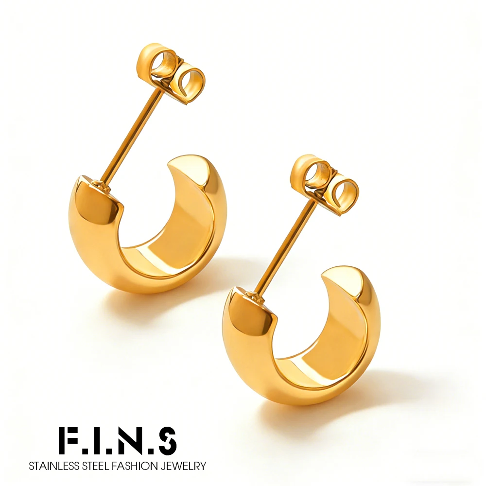 F.I.N.S Pendientes de aro gruesos de acero inoxidable chapados en oro de 18 quilates para mujer, joyería minimalista lisa de media caña para perforación de oreja