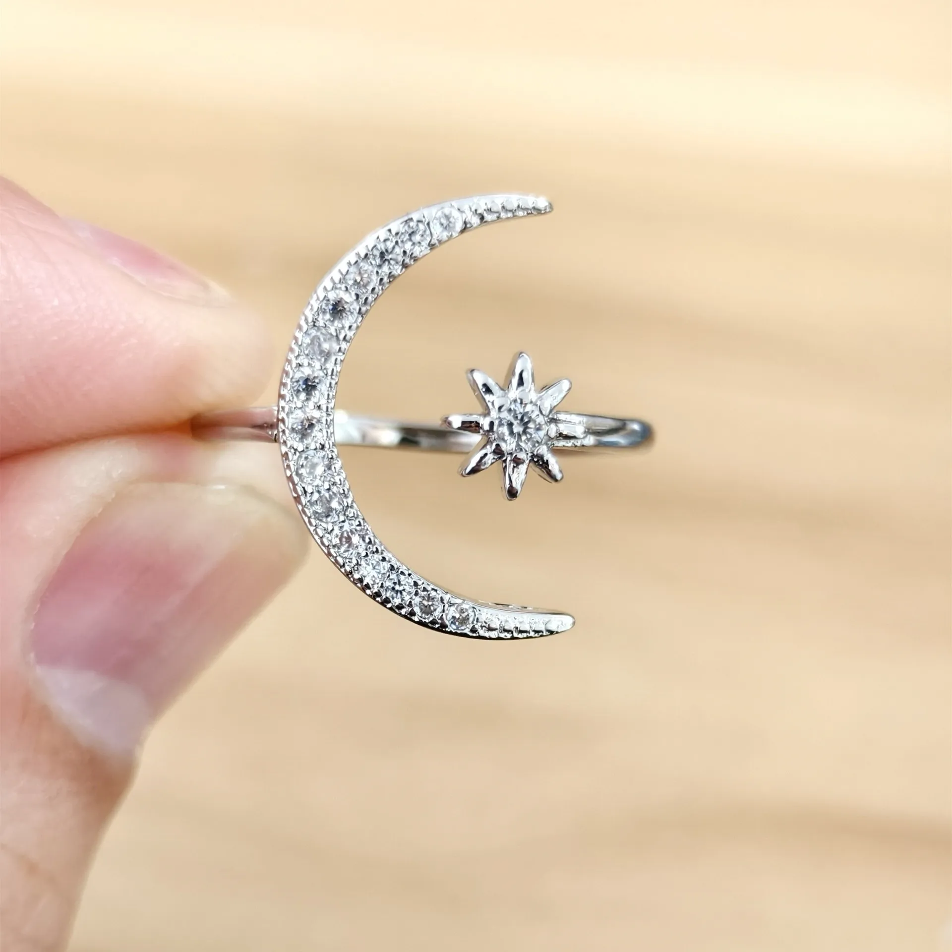 

Silver plated Star Moon Opening Rings For Women Shine Crystal Rhinestone Flower Wedding Party Jewelry