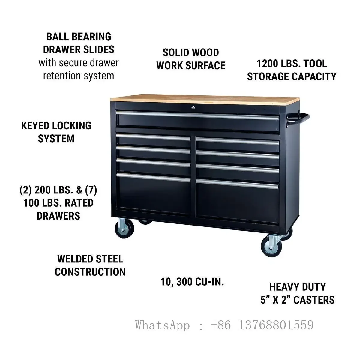 Heavy Duty 46 In. 9-Drawer Trolley Cabinets ,garage Workbench With Solid Wood Top,rolling Tool Box