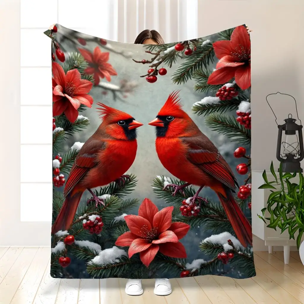 1pc 2D Flat Winter Theme Blanket, Cardinal & Floral Design,Light Cozy Throw with Cardinal and Green Leaf Pattern, All Season Use