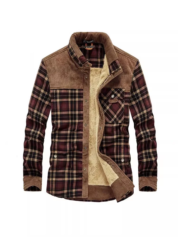 

Thiened Fce Men's irt Casual Plaid Long Sve Corduroy Winter Outerwear Warm Stand Fit Faion Urban Sle Button up