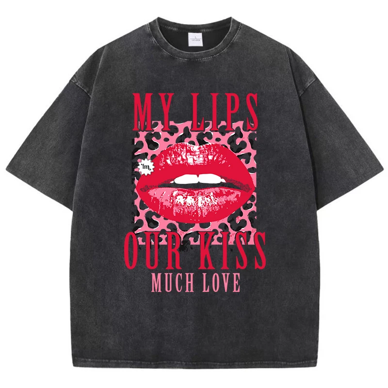 Cotton Womens Acid Wash T-Shirts My Lips Our Kiss Letter Printing Tee Shirts Comfortable Oversized Tops Street Female Clothes