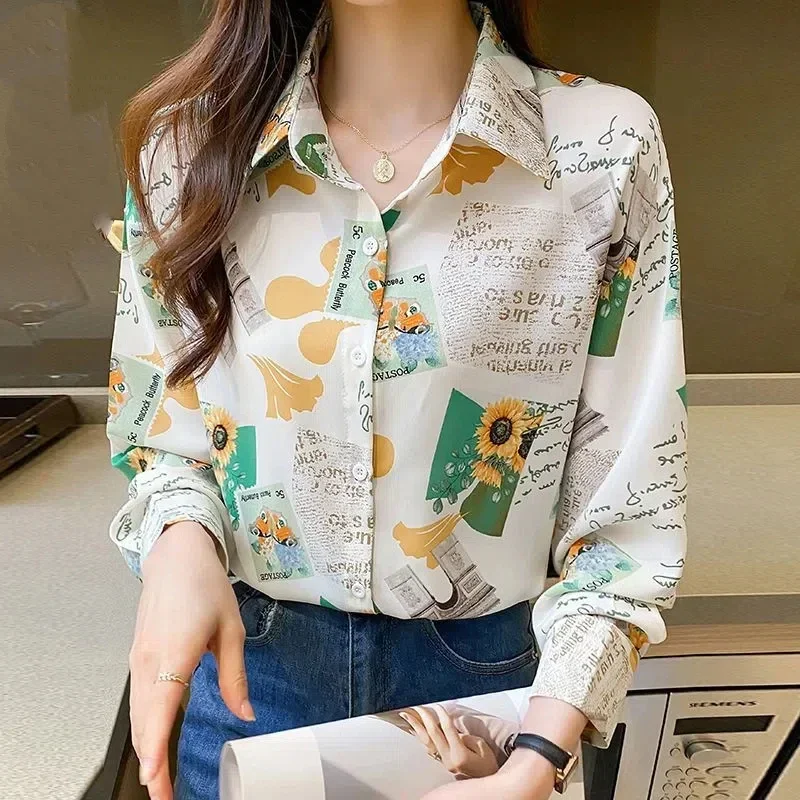 

Spring Autumn 2025 Turn-down Collar Long Sleeve Fashion Shirt Women High Street Printing Button Cardigan Elegant All-match Tops