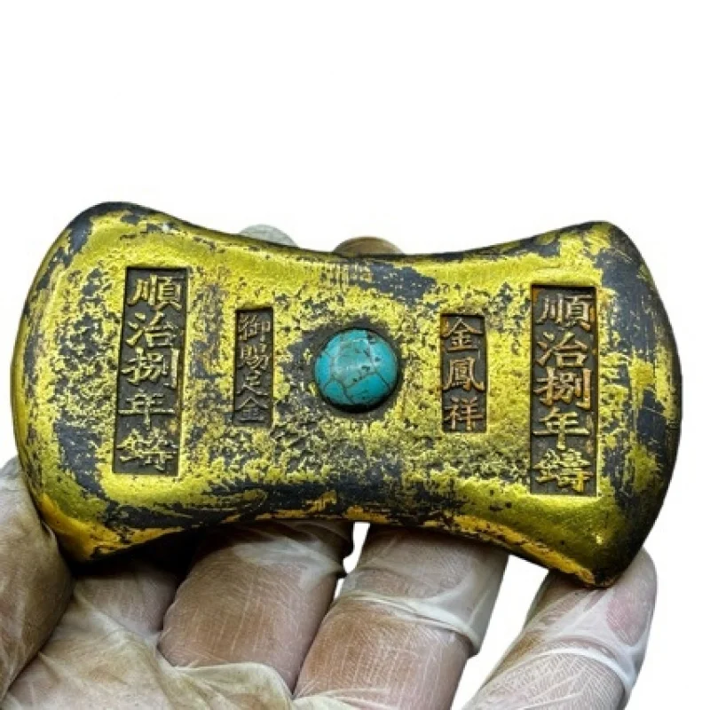 Qing Dynasty Five Emperors Gilded Fortune, Prosperity, Longevity, and Happiness Gold Bronze Ingot Craft Ornament Solid Bra