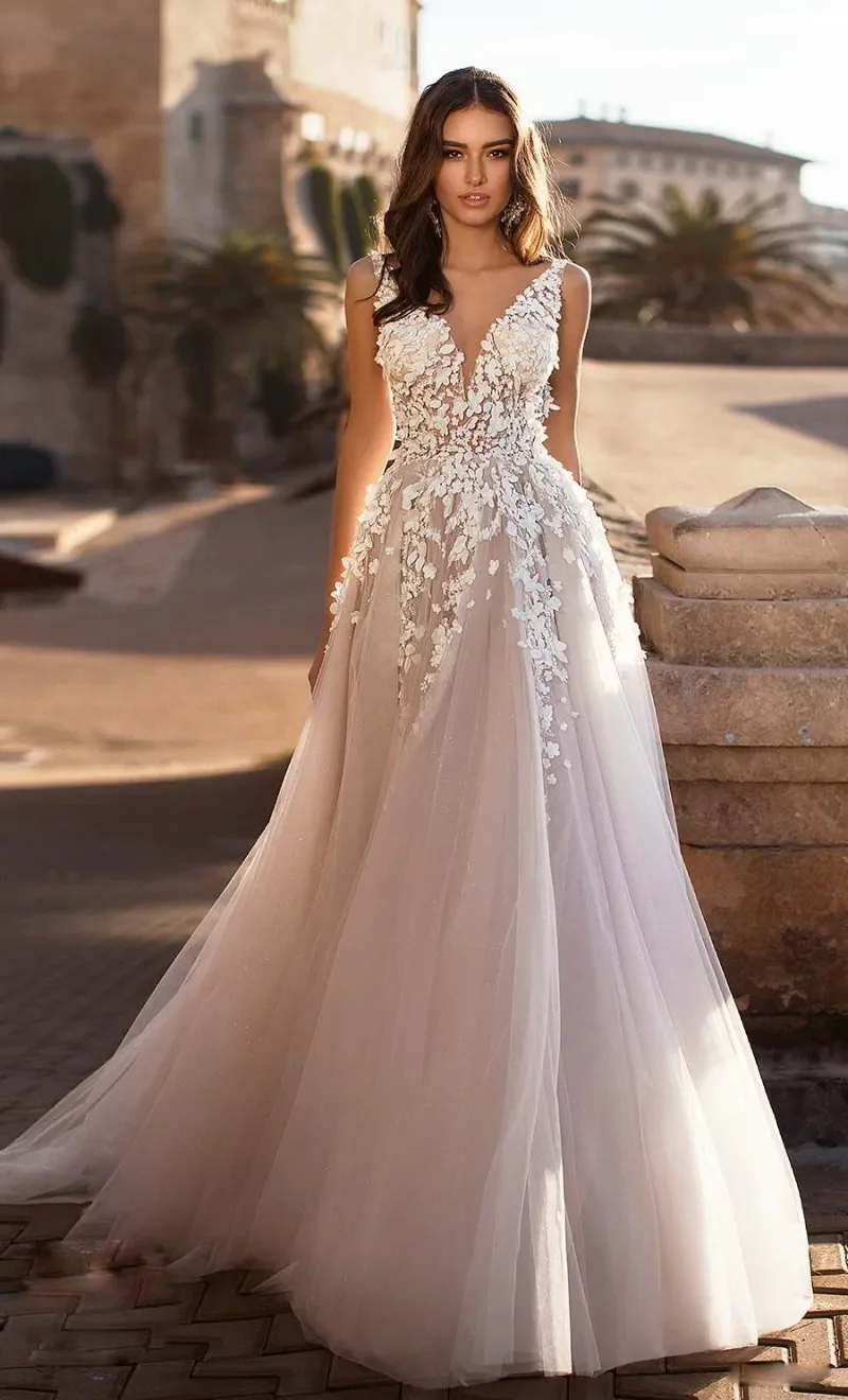 naviblue dolly v neck beach wedding dresses sexy backless 3d floral appliqued lace bridal gowns sweep train tulle vestido de