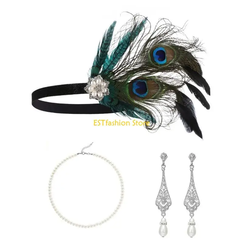 Y5GC 1920s Flapper Gatsby Party Costume Accessories for Women Vintage Rhinestones Headpiece Tassel Earring Makeup Party Wear