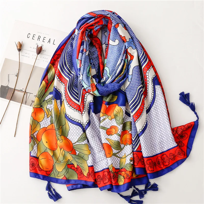 2023 New Fashion Cotton Totem Flower Pattern Tassel Scarf Shawls Women Long Soft Head Wrap Hijab 2 Color Free Shipping