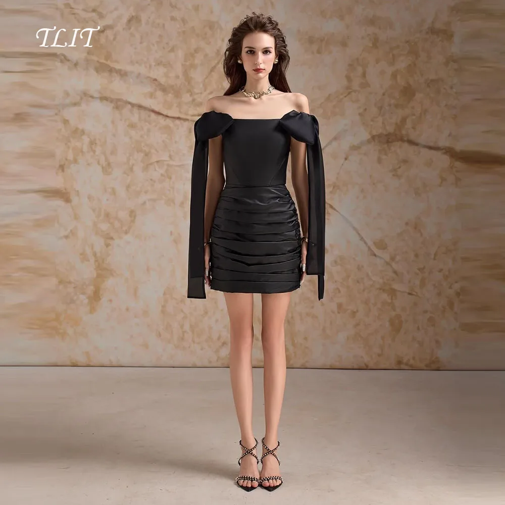 

TLIT Sexy Black Taffeta Tiered Evening Gown Dresses Short Sheath Strapless Bow Tie Cocktail Dresses Customized Formal Party