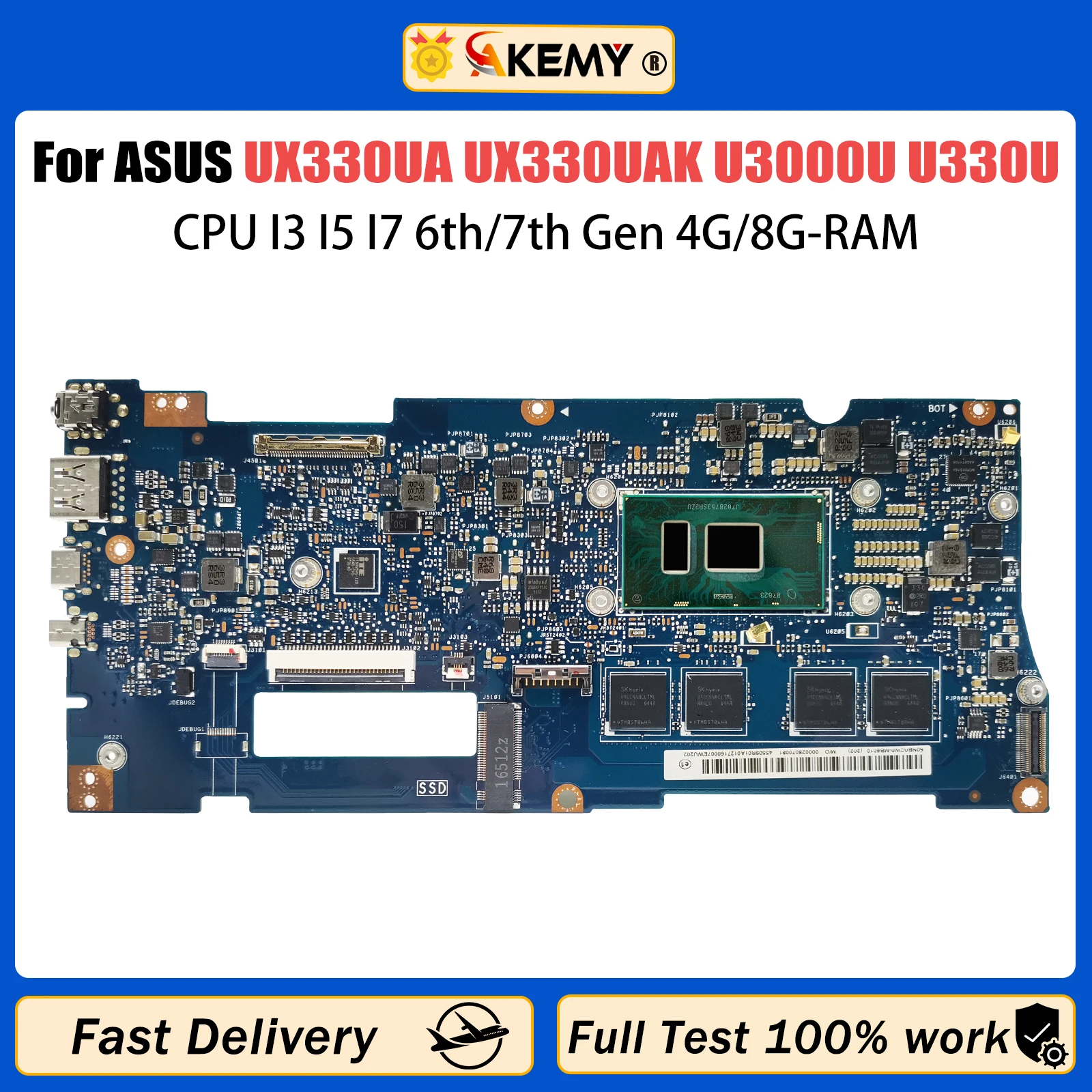 

Материнская плата AKEMY UX330UA Материнская плата ASUS ZenBook U330UA UX330U UX330UAK U3000U для ноутбука, Процессор I3 I5 I7 6-го/7-го поколения 4G/8G-RAM