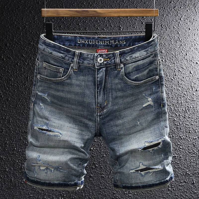 

Street Designer Fashion Men Jeans High Quality Retro Blue Stretch Patched Ripped Denim Shorts Men Summer Vintage Casual Shorts