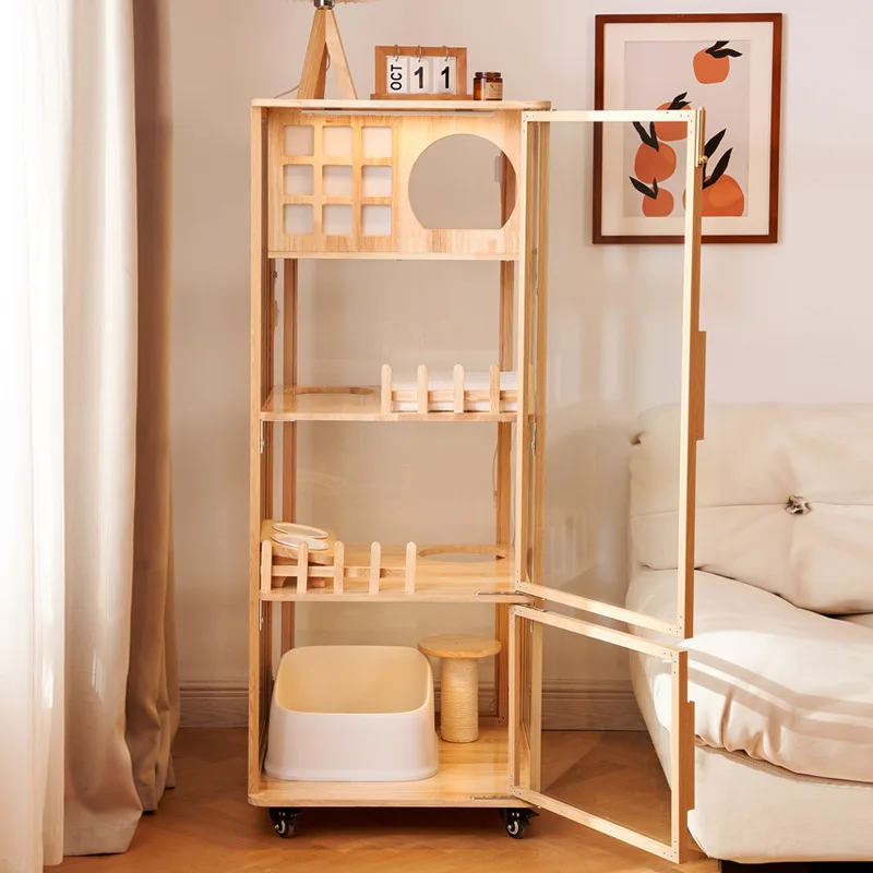 Cat Villa Cat House Household Wooden Interior Cat Cabinet Luxury Cat House Large Free Space Closed Climbing Frame Integrated