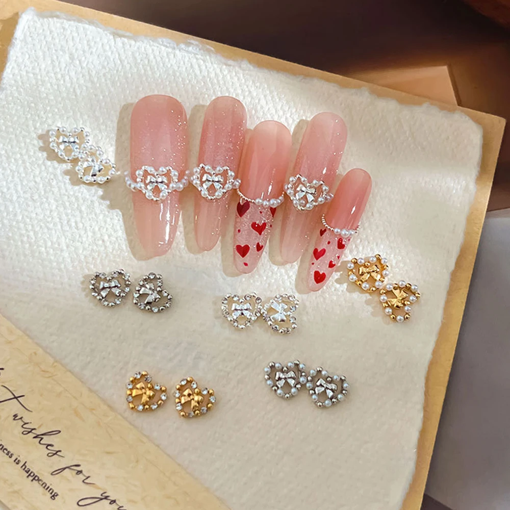 5 uds gemas de cristal brillantes diamantes de imitación para uñas 3D amor corazón arco Metal Nail Art Charms acrílico perla circón herramienta de decoración de manicura
