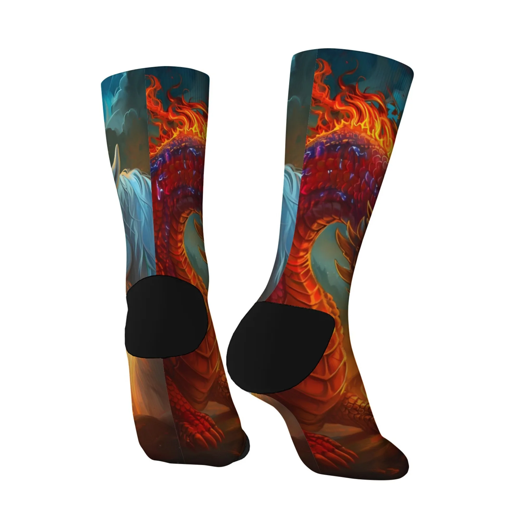 Bunte Fantasy-Drachen- und Einhorn-Crew-Socken, Socken mit mythischem Kunstdruck, einzigartiges Geschenk für Fantasy-Fans und Streetwear-Enthusiasten