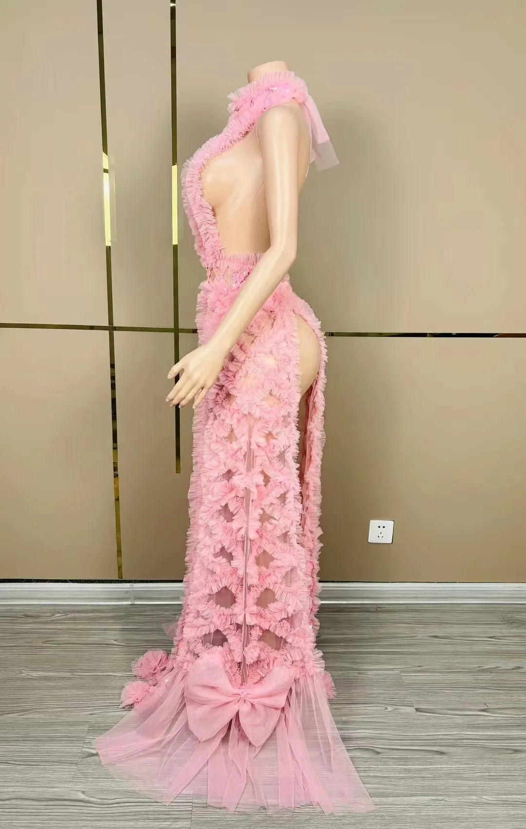 핑크 섹시한 백리스 스팽글 여성 롱 드레스 나이트 바 미인 대회 사진 카니발 레이브 축제 드래그 퀸 의상 마디 그라