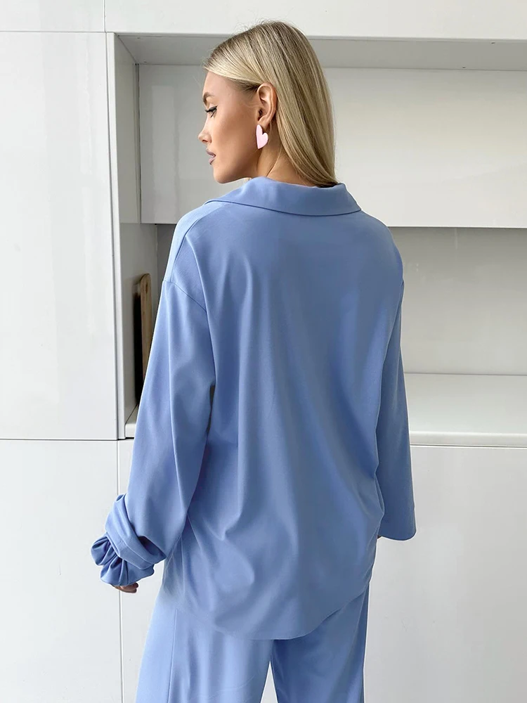 HiLoc Elegant Blue Long Pants Pajamas Sets 3 Pieces Women Fashion Pockets Loose Blouses With Hair Band Long Pants Nightwear 2024