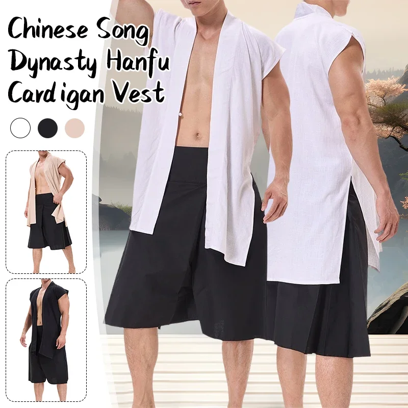 

Chinese Style Men Sleeveless Cardigan Song Dynasty Hanfu Undershirt Chinese Cotton Linen Outer Wear Vest Bottoming T-shirts