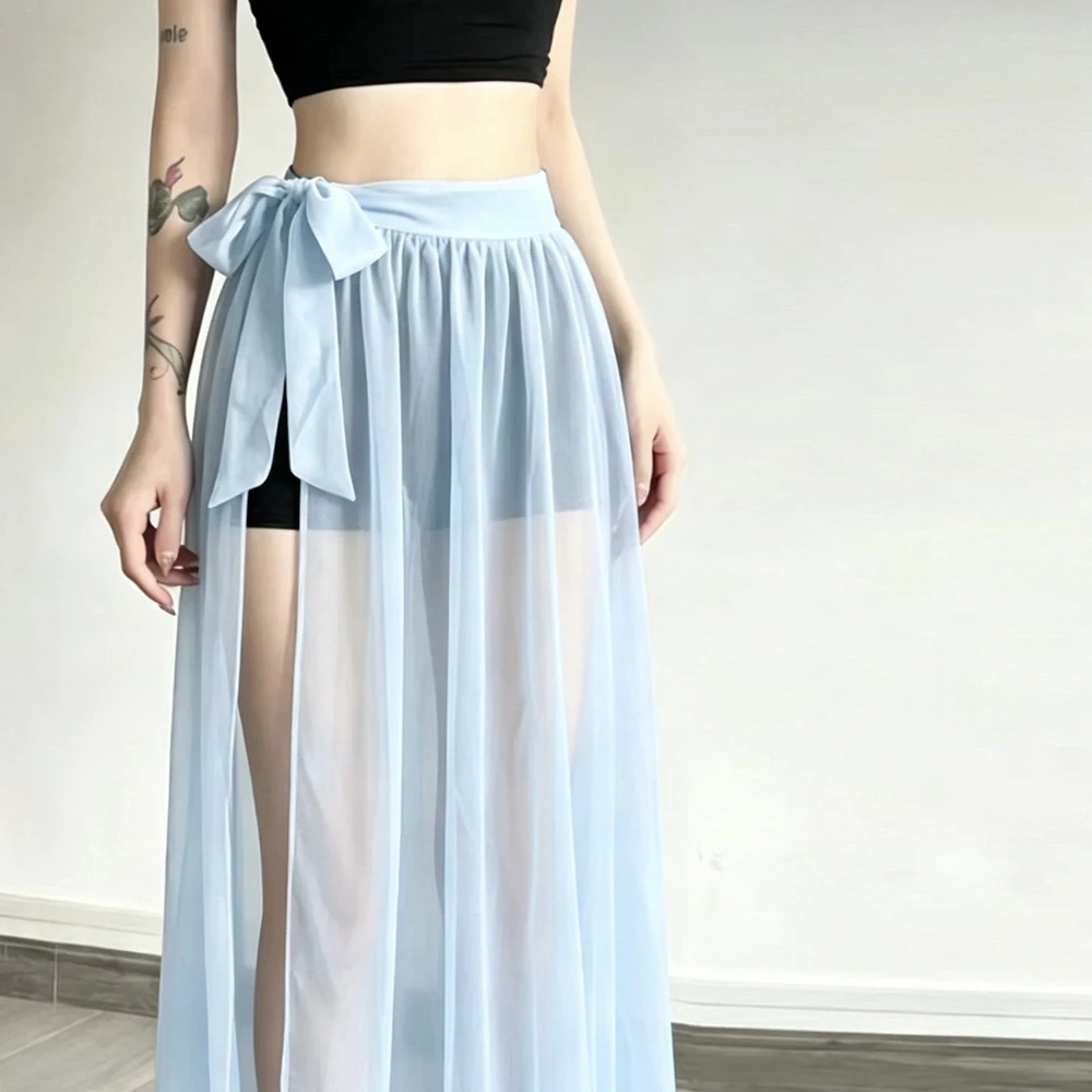 Beach Cover-Up Sheer Skirts For Women Solid Lace See-Through Hollow Out Ankle Length Mesh Skirt Womens Y2K Vacation Skirt Girl