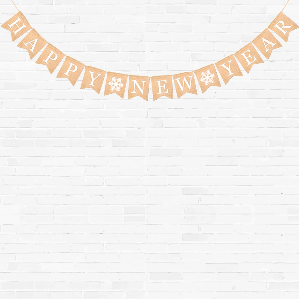 

Happy New Year Banner Vintage Burlap Holiday Bunting White Party Garland Hanging for 2020 New Year's Eve Festival