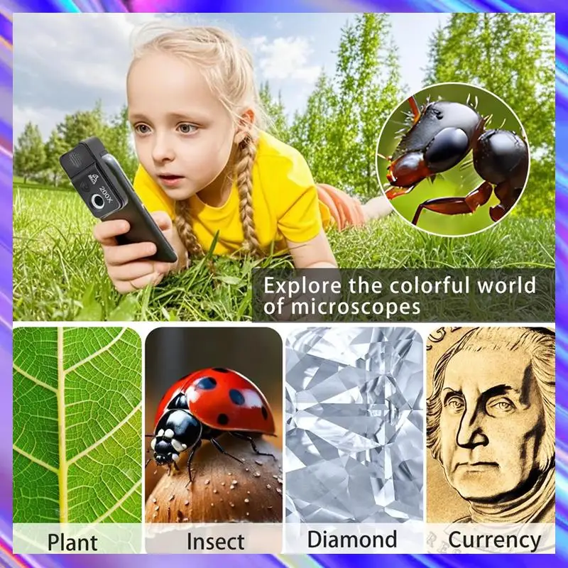 

A24U 200X Phone Microscope Lens,LED/UV Lights & CPL Filter,Universal Phone Clip ,Pocket-Sized Science Tool (HD Zoom)