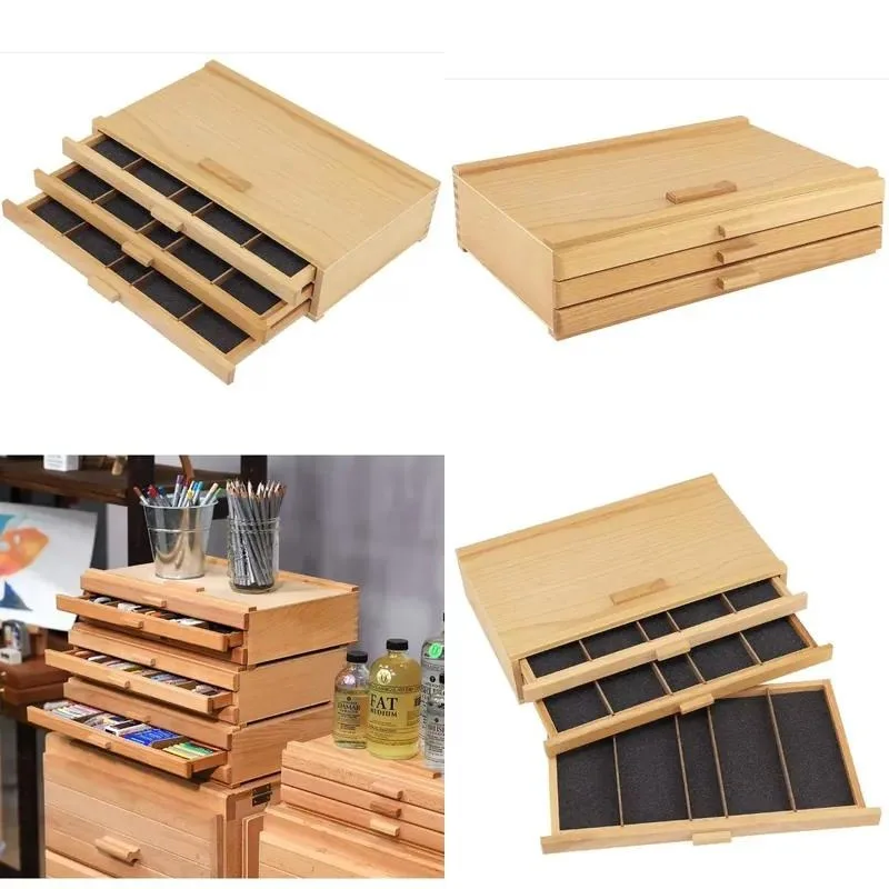 Solid Wood Three Drawer Artist Locker Living Room Studio Storage Cabinet for Paint Tubes Organization