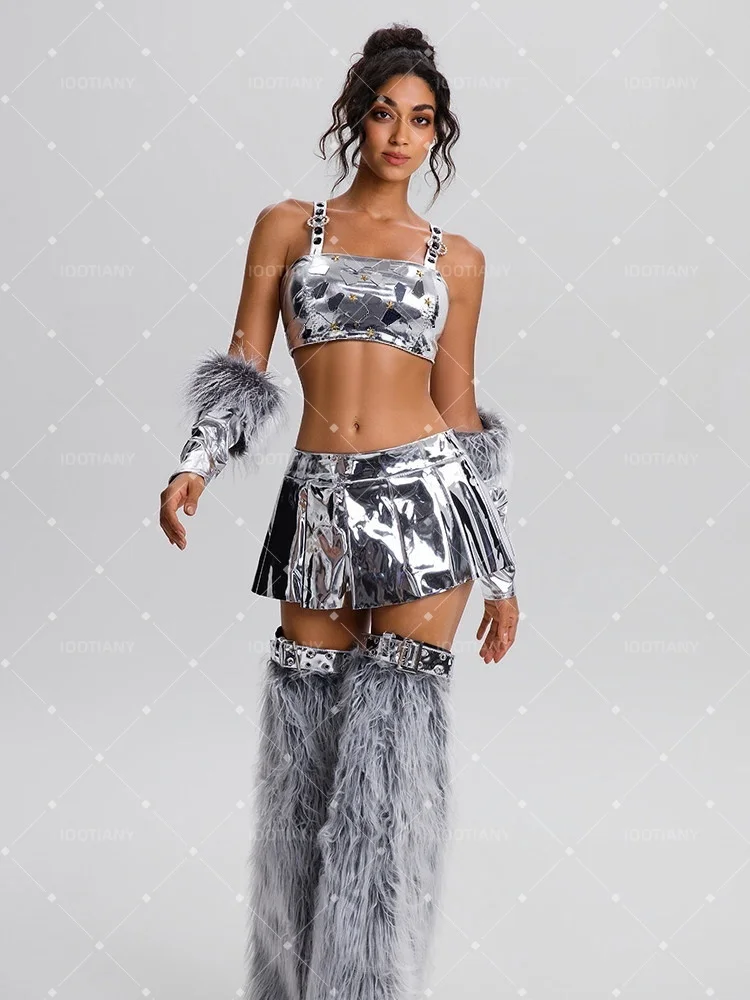 Shiny Metallic Silver Rave Dress Rave Music Festival Suit Clubwear Faux Fur Leg Warmers Arm Warmers Crop Top Pleated Mini Skirt view 2