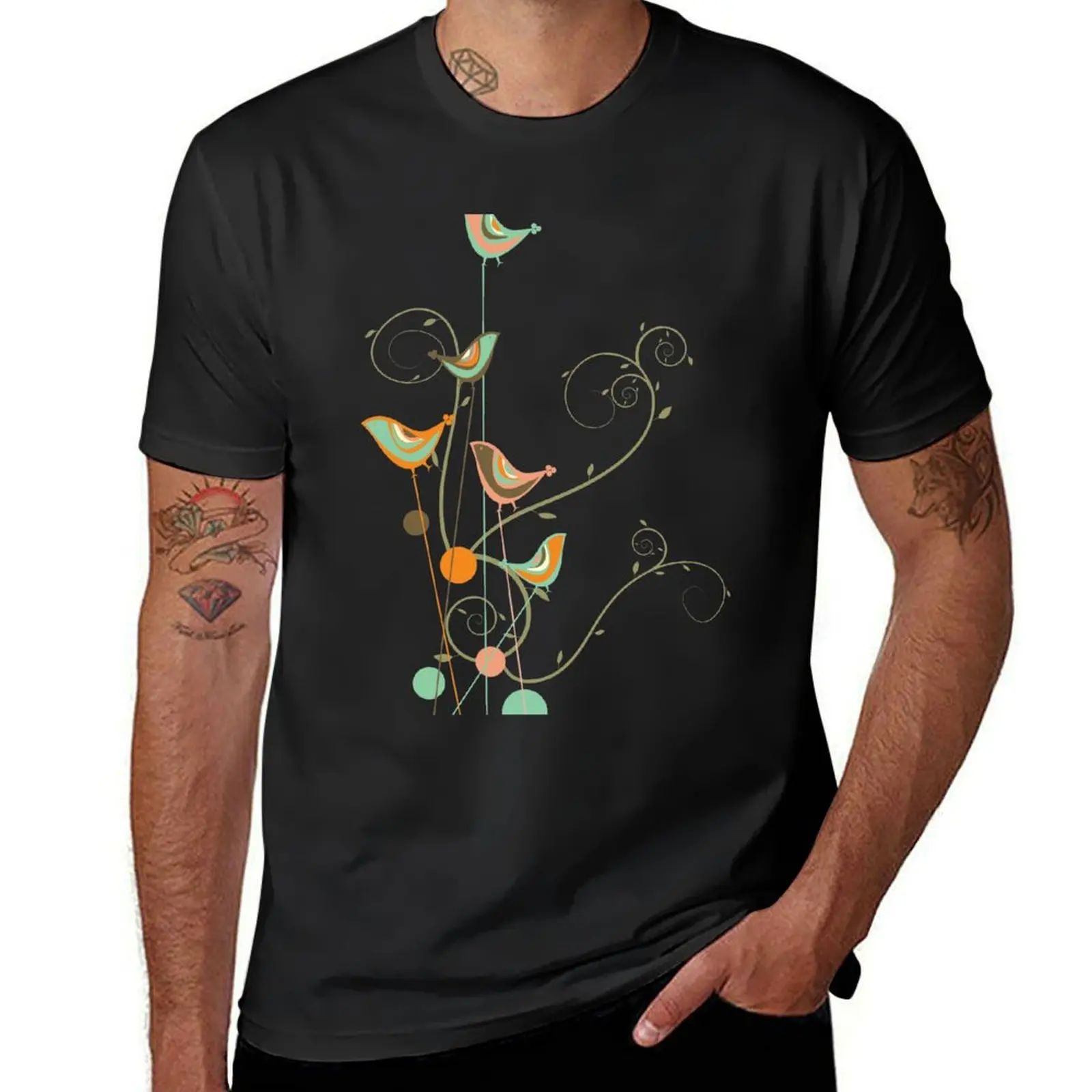 

Colorful Summer Orange, Chocolate and Mint Whimsical Birds with Swirls  fatfatin T-Shirt topping t shirts for men