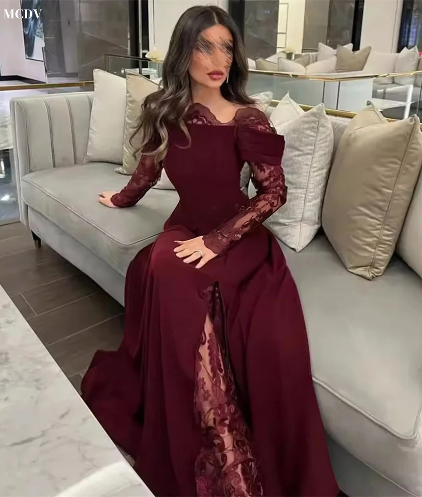 Robe de soirée en dentelle, Jersey gracieux, ligne a, épaules dénudées, tempérament, col bateau, manches longues, robes de célébrité