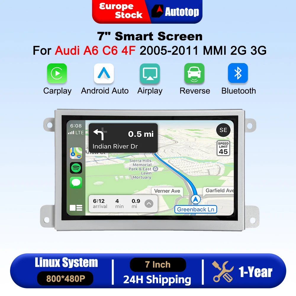 AUTOTOP 7-calowe bezprzewodowe radio samochodowe z CarPlay i Android Auto na systemie Linux do Audi A6 C6 4F 2005-2011 MMI 2G MMI 3G, odtwarzacz multimedialny z ekranem dotykowym, z funkcją YouTube