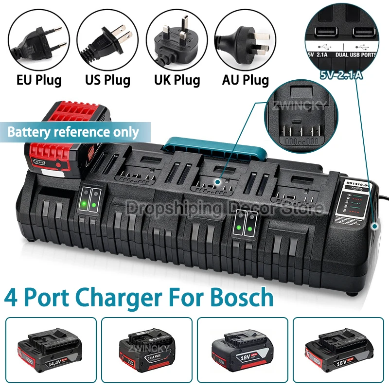 

12A 4 Ports Charger For Bosch 14.4V 18V Li-Ion Battery, With 2 USB Port Battery Charger For BAT609 BAT609G BAT618 BAT618G BAT614