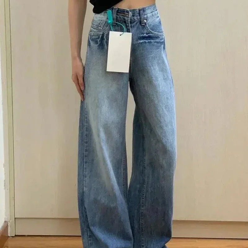 Retro Women's Jeans Wide Leg Cowboy Pants for Woman High Waist Shot Fitted Shiny Medium Trend 2025 Trousers Emo New In Office R