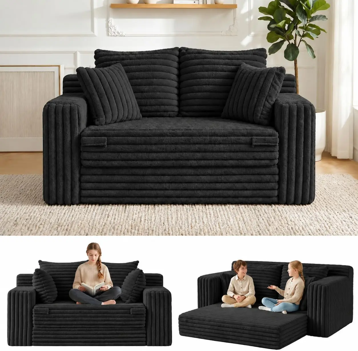 3-in-1 Convertible Sofa Bed: Boneless Loveseat Sleeper & Folding Couch Bed with 4 Pillows & Detachable Cushion,Furry Futon Couch