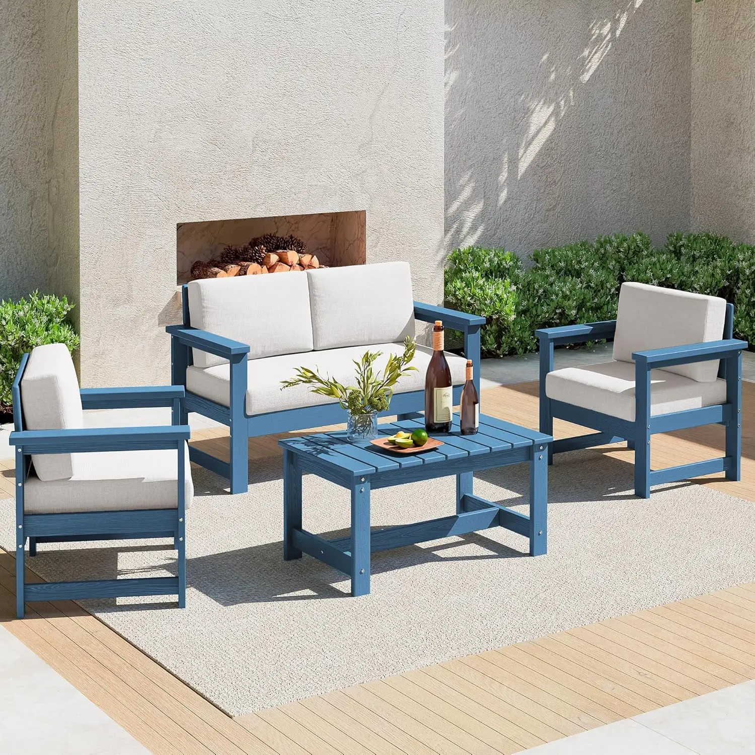 

4 Pieces HDPE Outdoor Sofa Set with Cushions, Outdoor Loveseat Furniture with Coffee Table for Patio, Blue Frame