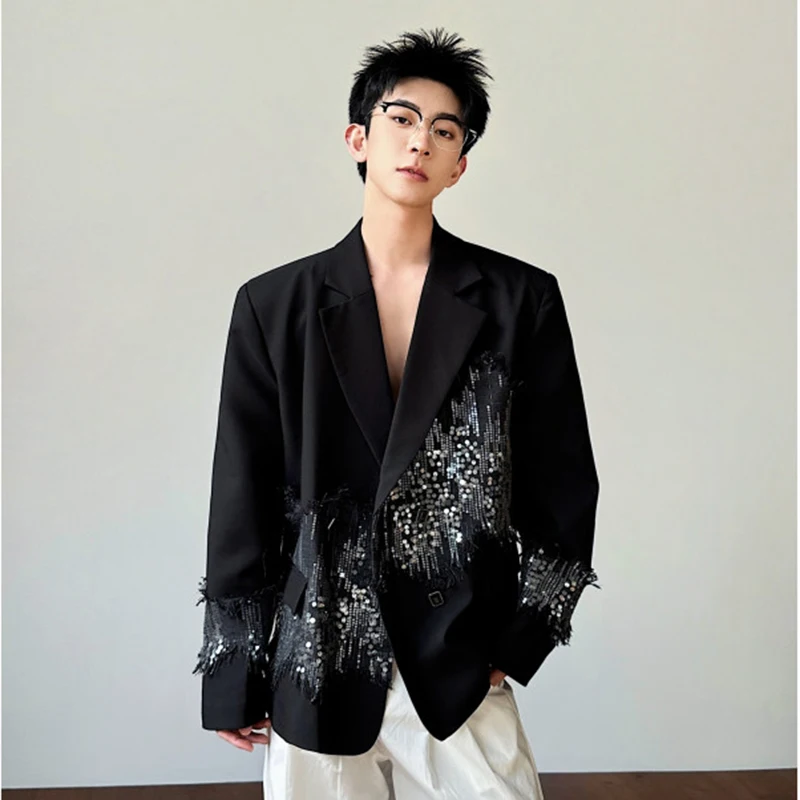 WTHT Fashion Men's Spliced Glitter Gemstone Design Blazer Coats Trendy 2026 Summer Lapel Long Sleeves Casual Jackets Male 2A2838